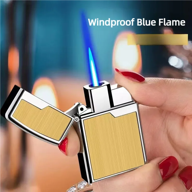 

Двухцветная зажигалка с прямым синим пламенем, ветрозащитная газовая зажигалка, металлическая мужская зажигалка, прижигающая зажигалка для сигар