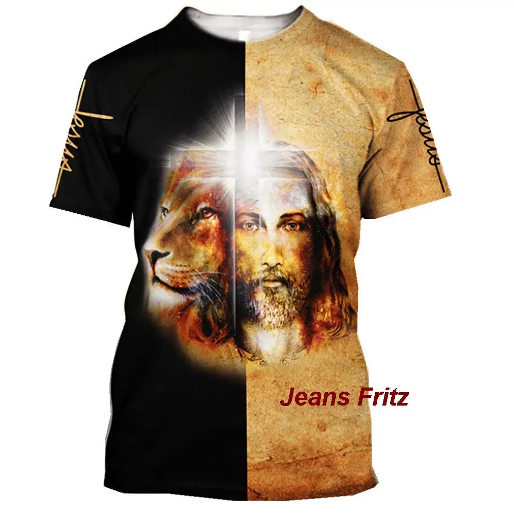 T-shirts 0-Neck Short Sleeve Streetwear God Religion Christ Jesus And Lion 3D Print Men's Loose Tops Tees Oversized T Shirts 6XL