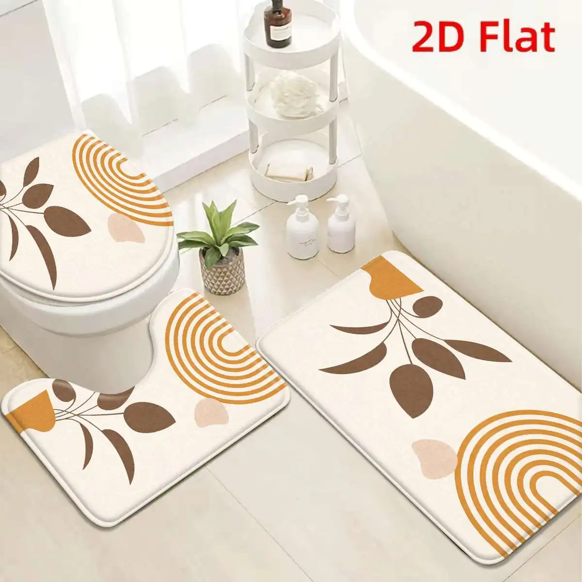

3Pcs Cream Brown Orange Abstract Leaf Arch Bath Mat Non Slip Absorbent Toilet Rug with Lid Cover for Bathroom Washable Flannel
