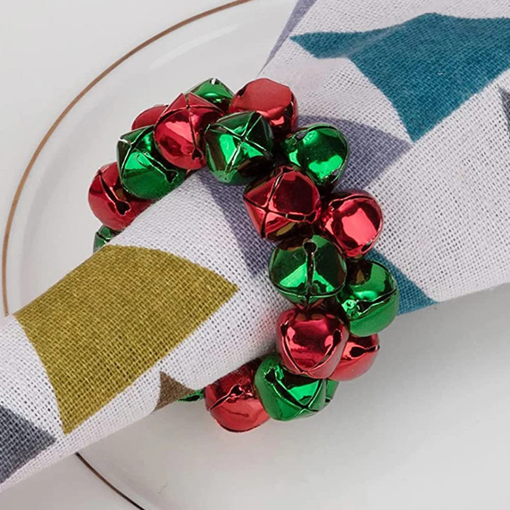 

6Pcs Christmas Napkin Rings Thanksgiving Napkin Holders Buckles Green and Red Jingle Bells for Xmas Weddings Parties Table Decor