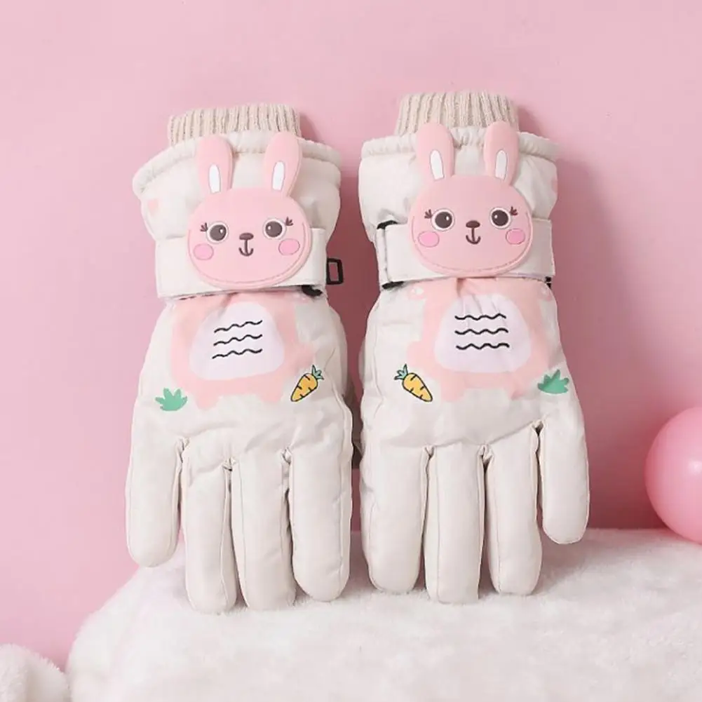 1 Pair Winter Ski Gloves With Adjustable Fastener Tape Cartoon Rabbit Design Fleece Lining Thick Warm Kids Gloves