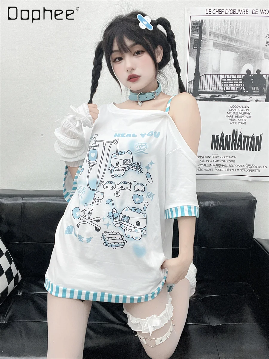 

Japanese Style Woman Stripe One-Shoulder Cartoon T-shirts Mine Water Short Sleeve Sexy Top Loose Sub-Culture Mid-Length T-shirt