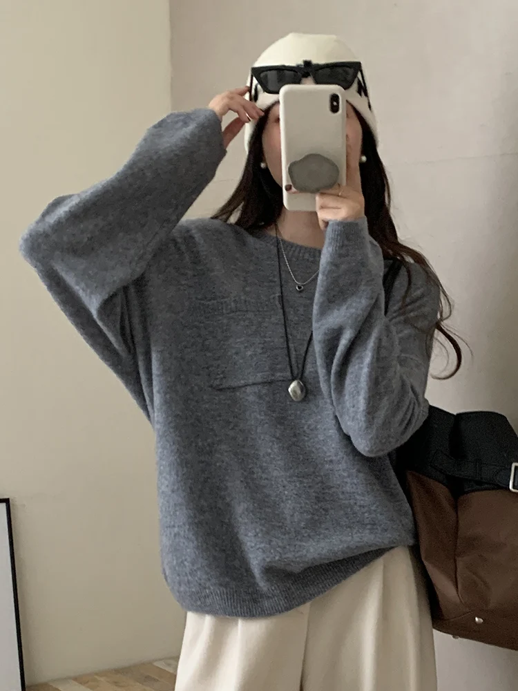 

Grace Pocket Style Women O-neck Pullover Autumn Winter Loose Sweater Cashmere 100% Merino Wool Knitwear Casual Popular Soft Tops