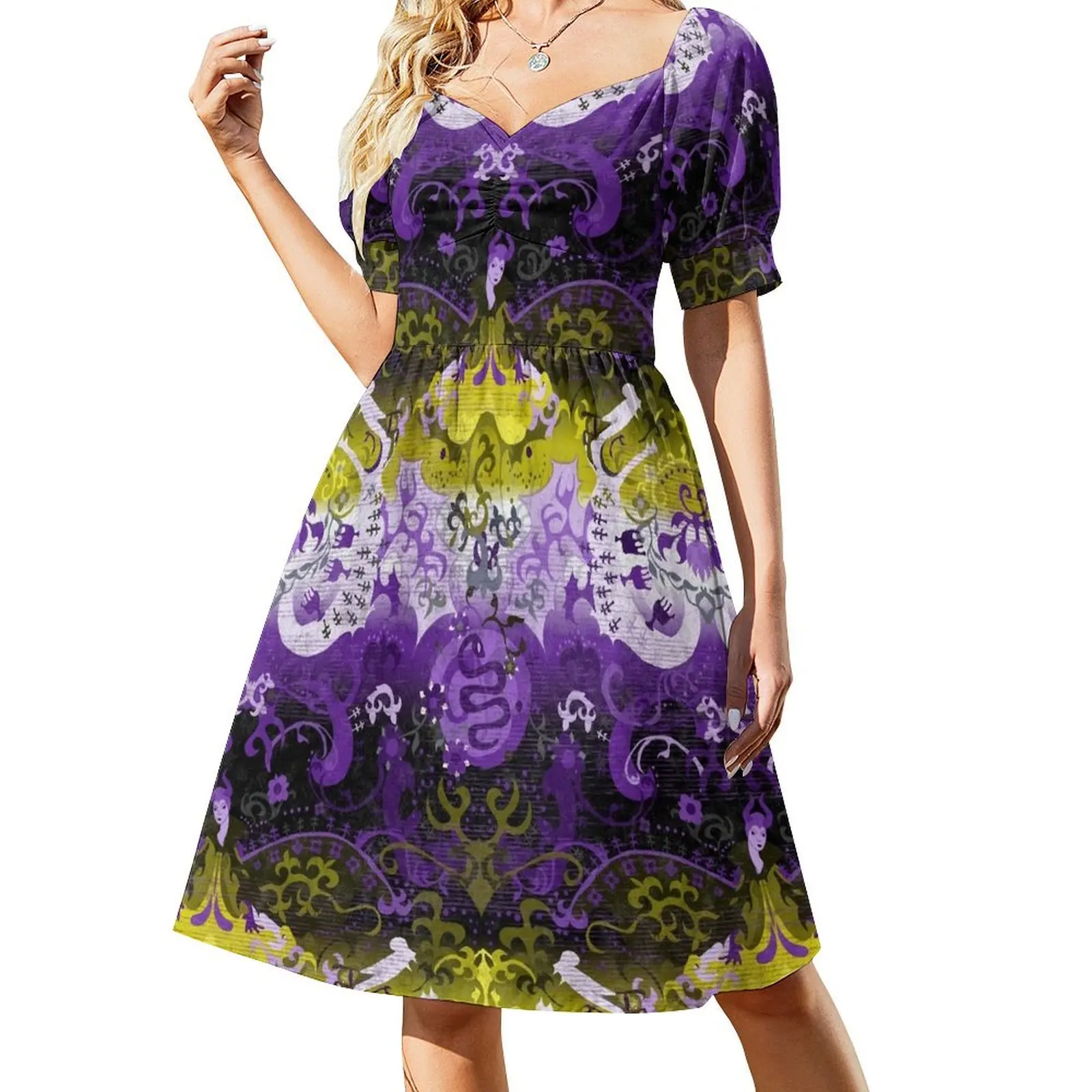 

Non-binary Dragon Damask -- NonBinary Pride Flag Colors Short Sleeved Dress dress Prom gown Dress