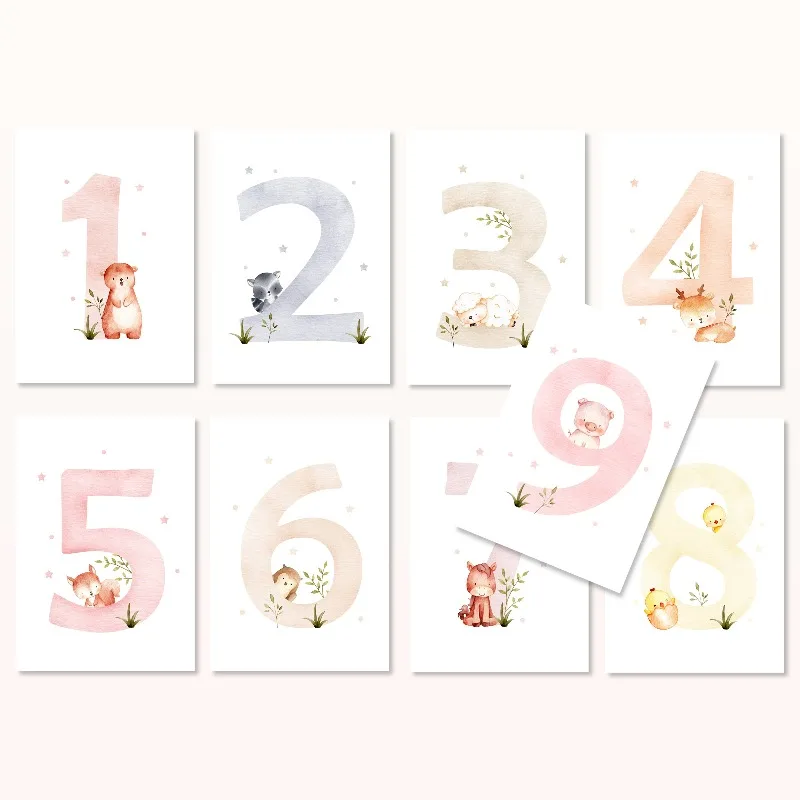 Cartoon Animals Number Age Educational Poster Minimalist Canvas Print Nursery Decor Kids Room Art Preschool Learning Counting
