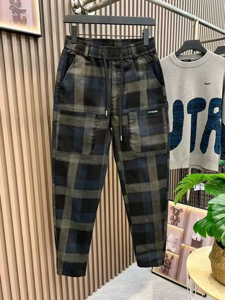 

Men's Casual Trousers Spring Autumn Plaid Loose Harlan Multi ket Faionable Color Blo Cone ape Casual Pants