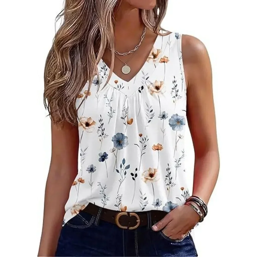 Women Bohemian V Neck Loose Sleeveless Tank Top New Summer Casual Beach Vacation Soft Breathable Flattering Comfy Versatile