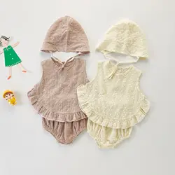 MILANCEL 2022 Summer Baby Clothing Set Embroidery Girls Tops and Blommers Cute Hats 3 Pcs Toddler Suits