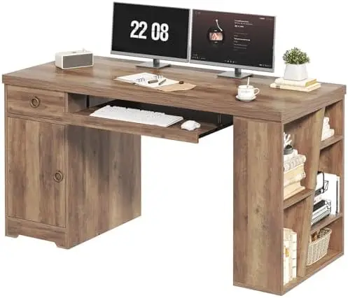 Office Desk with Drawers, Farmhouse Computer Desk with Keyboard Tray | 55 Inch Rustic Wood Work Study Writing Pc
