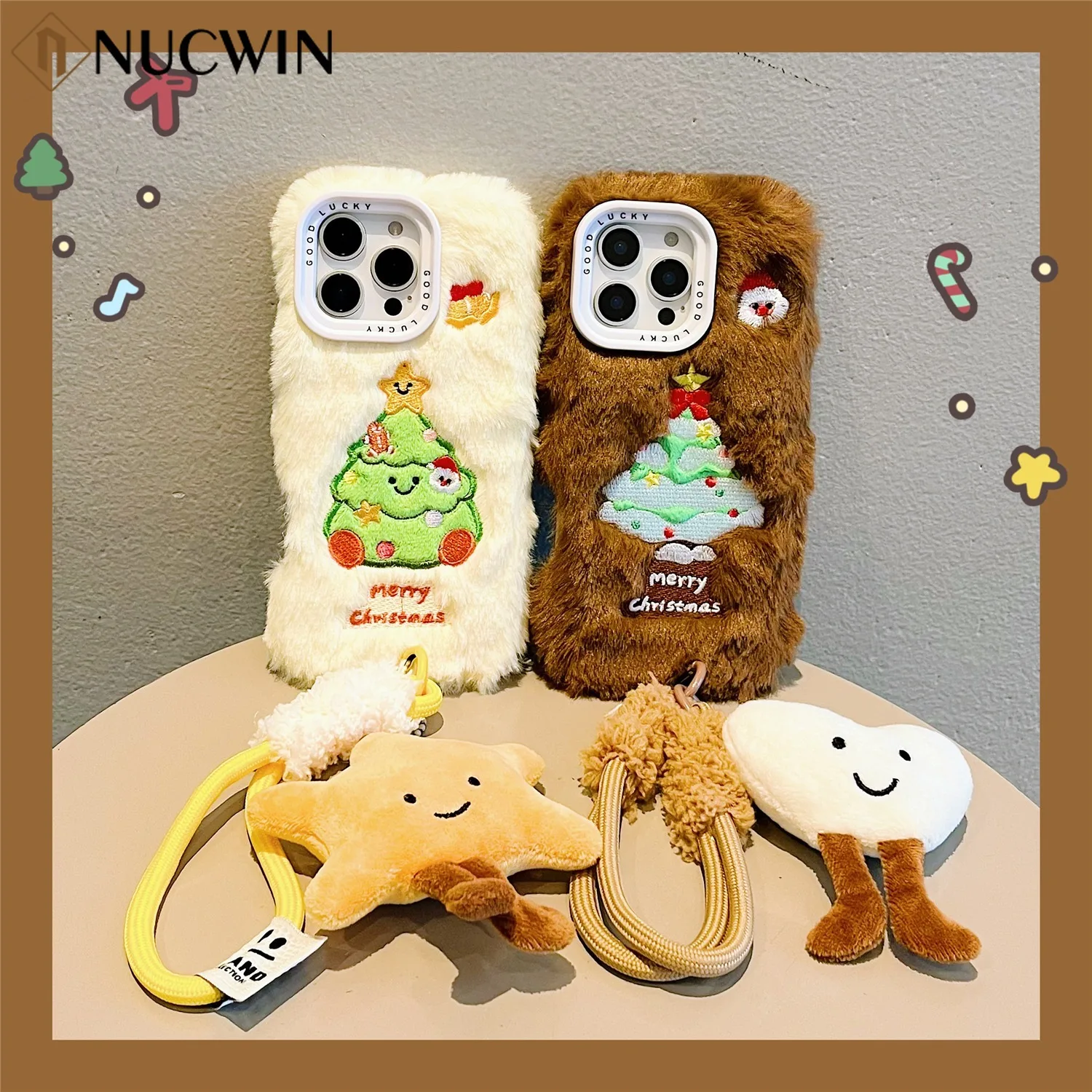 Winter Plush Christmas Tree Phone Case For iPhone 16 15 14 13 12 Pro Max 16 Wristband Doll Pendant Shockpoof With Lanyard Cover