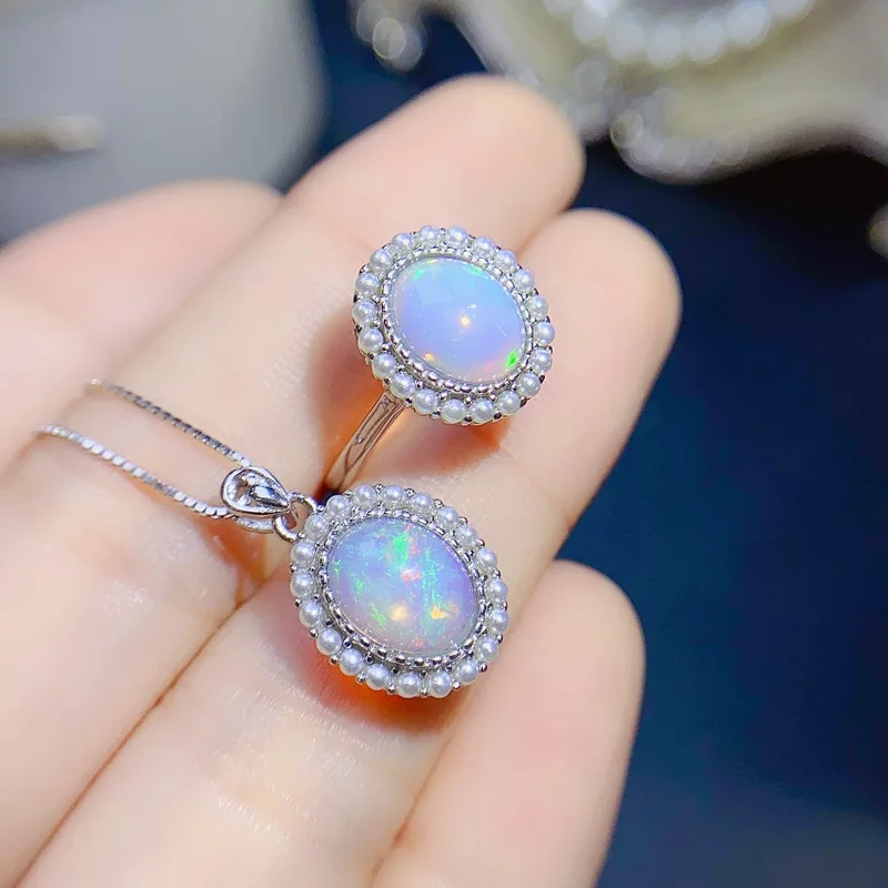 S925 Silver Hand Inlaid 2pcs Jewelry Set Natural Opal 7*9mm Oval Stone Mini Pearl Surrounded Ring & Necklace