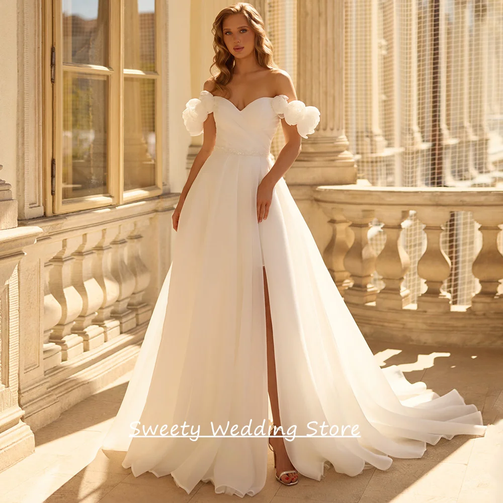 

2 in 1 Wedding Dress Customized Off The Shoulder V Neck Flowers Pleat Split Sweep Train A line Organza Bridal Gown for Woman
