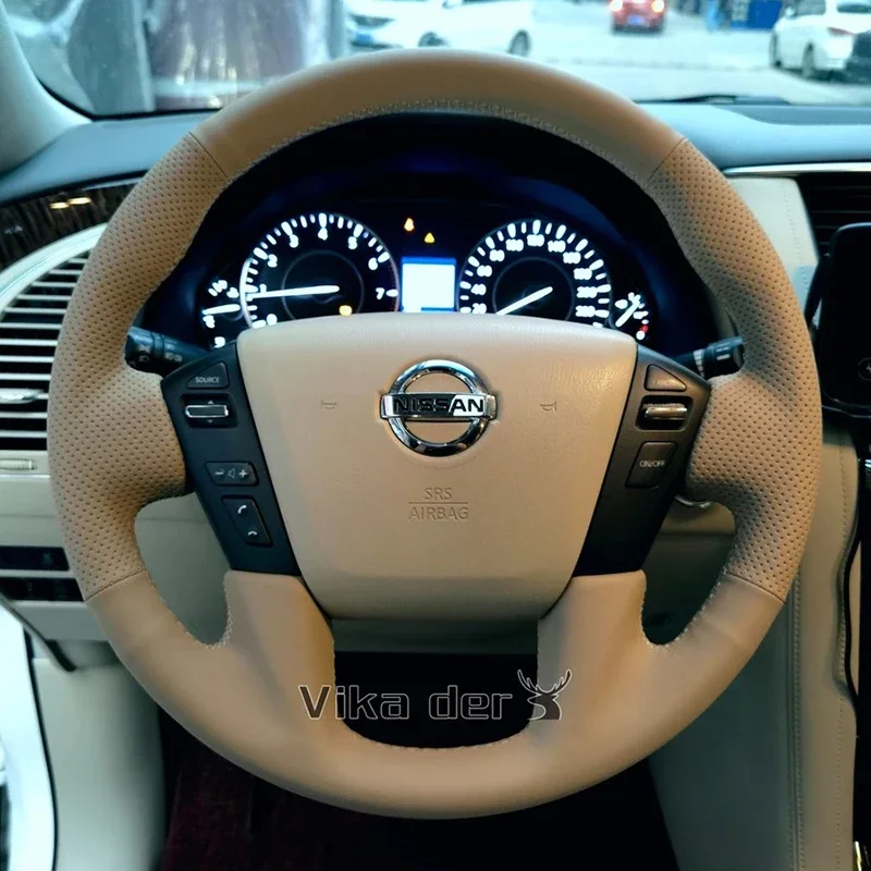 For Nissan Patrol Y62 2012-18 Stitch Beige Leather DIY Hand Sewn Steering Wheel Cover Interior Handle Cover