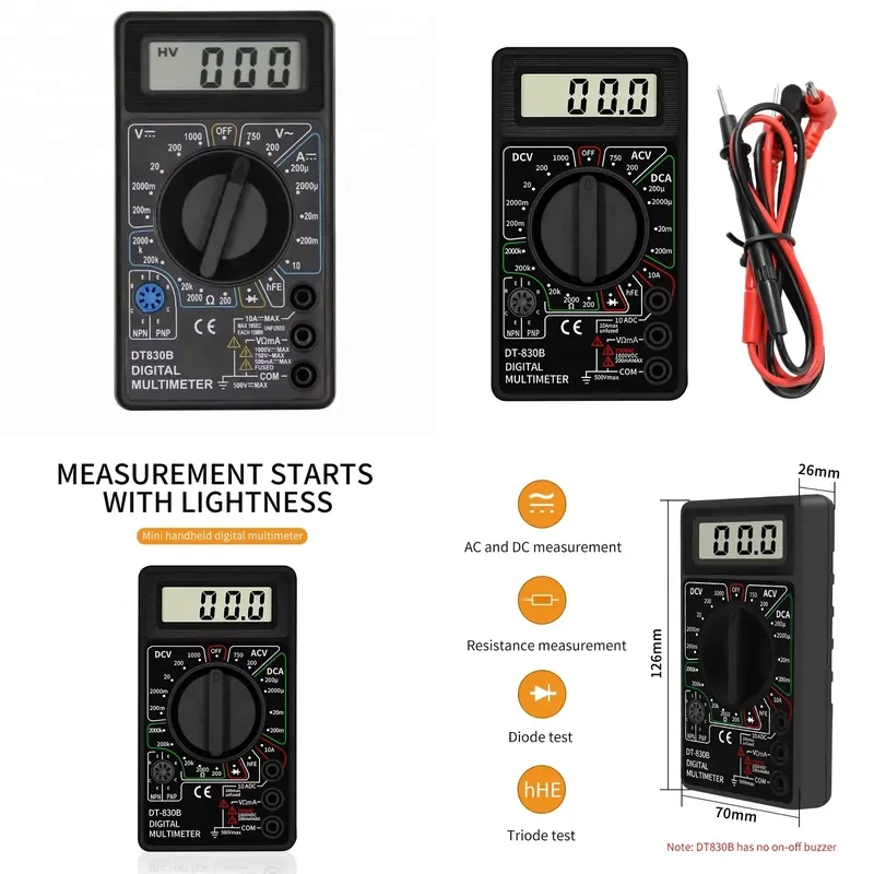 AC/DC Ammeter Voltmeter Ohm Electrical Tester Meter Low Price Battery Powered Digital Multimeter DT-830B with Test Leads
