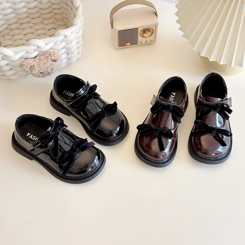 Chic Children's Shoe for Girl Glossy PU Versatile Princess Leather Shoes with Bowknot Spring Autumn Sweet Kids Mary Jane Shoes