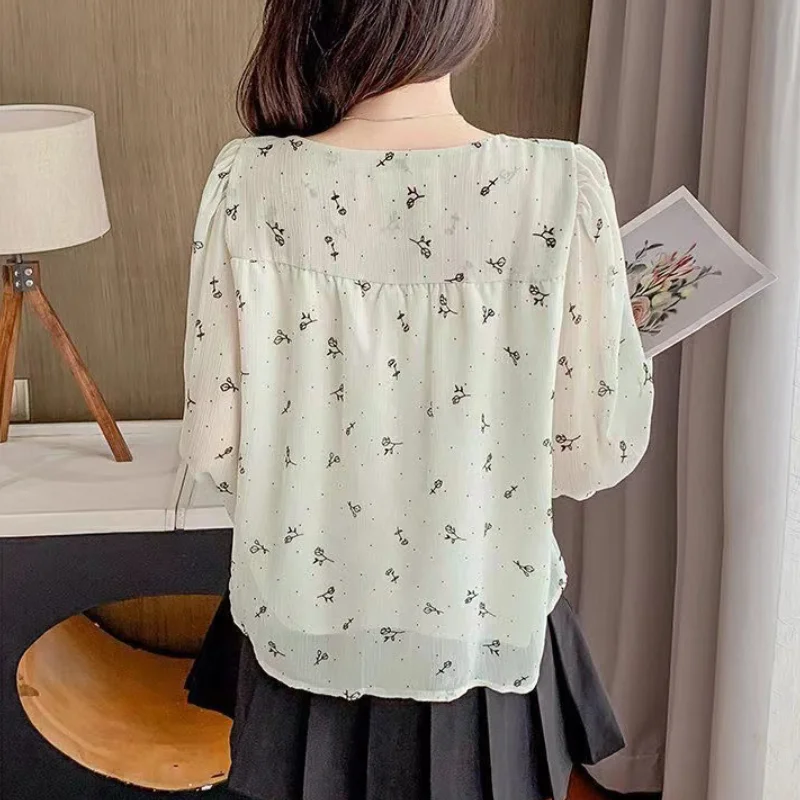 Blouses Women Summer Floral Printed Bow Ruffles Loose Casual Tops Elegant Temper All-match Aesthetic Sweet Square Collar Mujer