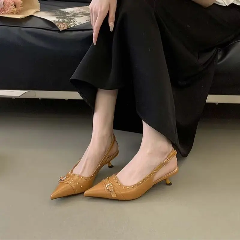 Woman Shoes Low Heel Yellow Pumps Rivet Belt Buckle Burgundy Pointed Toe Slingback Heels Comfort Ladies Office Shoes