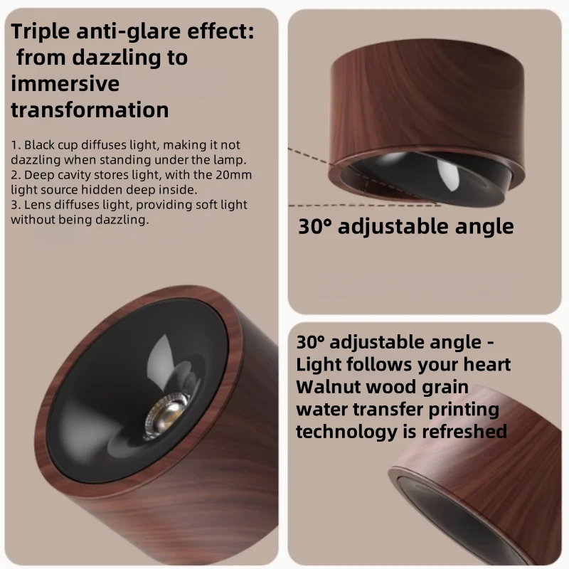 Ultra-thin Concealed Ceiling-Mounted LED Lamp in Retro Style, in Walnut Color, with Adjustable Angle, Resembling a Hill-Shaped L