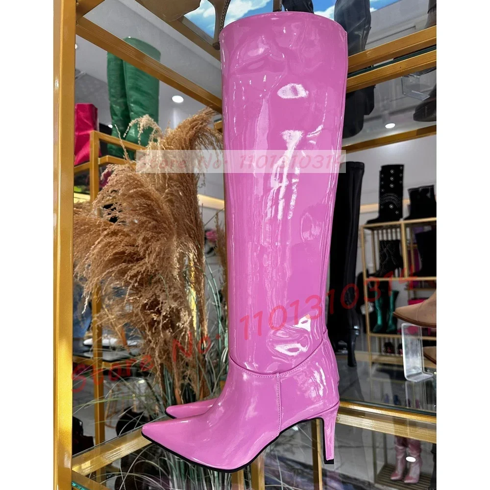 

Розовые лакированные ботинки на высоком каблуке, женские изящные лоскутные высокие сапоги из блестящей кожи на заказ, зимние туфли больших размеров с острым носком