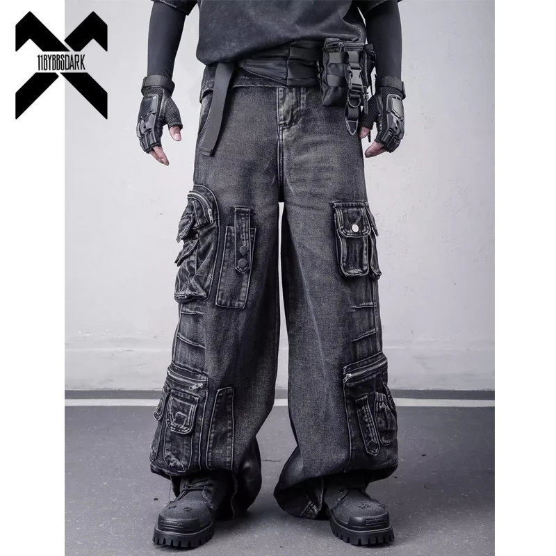 

Винтажные джинсы с множеством карманов в стиле гранж и хип-хоп, свободные широкие брюки-карго, мужские джинсовые штаны с эффектом потертости