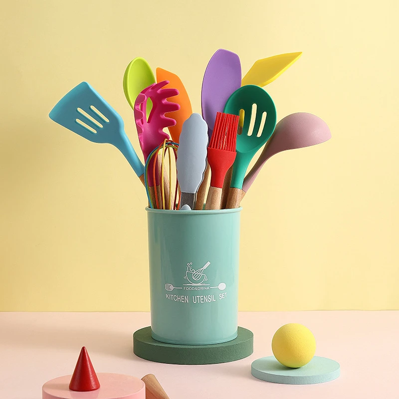 12pcs Kitchen Utensils Set Colorful Silicone Cooking Utensils Set Non-Stick Silicone Spatula Set with Hard Wood Handle 12 Pieces