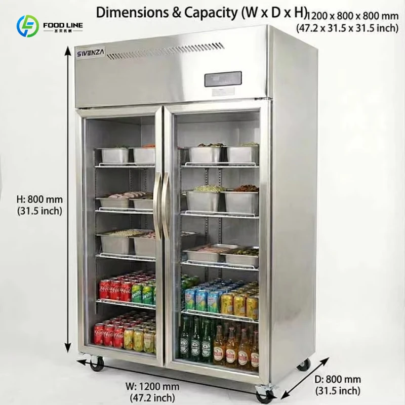 FL Commercial Upright Refrigerator 2 Glass Door Stainless Steel Display Cooler for Restaurant Customized