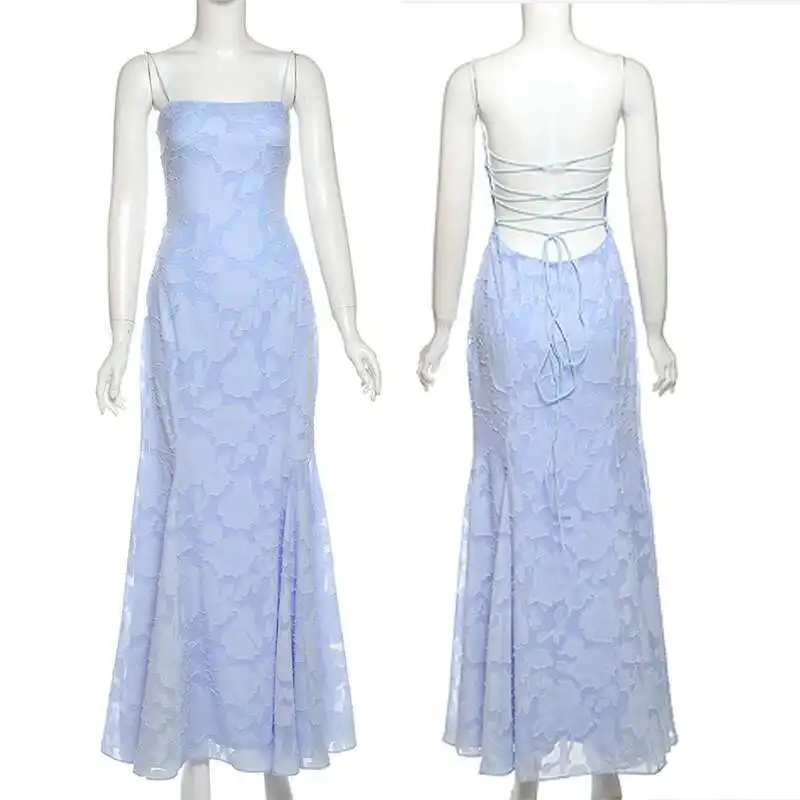 セクシーマーメイドイブニングクラブパーティードレス レディース 2025 夏 スパゲッティストラップ マキシロングドレス エレガント バックレス レースアップ バンデージ ローブ