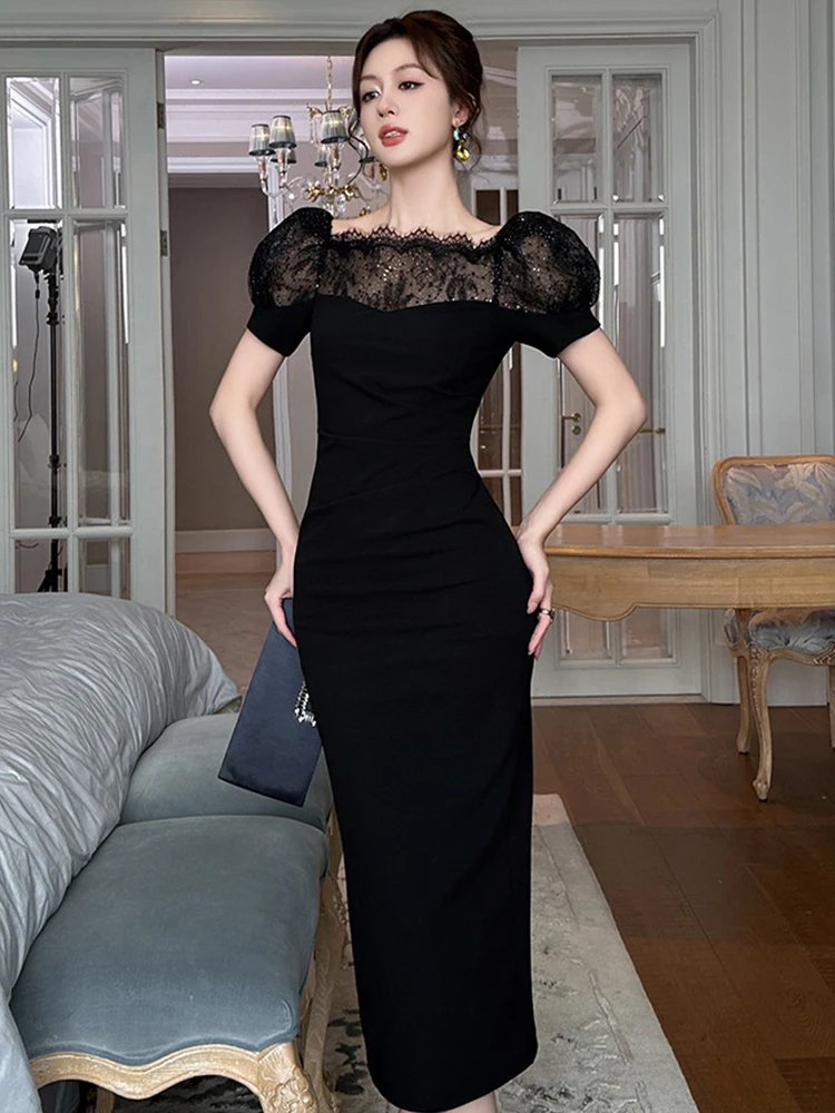 フランスのファッションデザイン宴会ドレス女性エレガントなレトロ黒薄手のレースのパッチワークスパンコールひだボディコンローブファムパーティー Vestido
