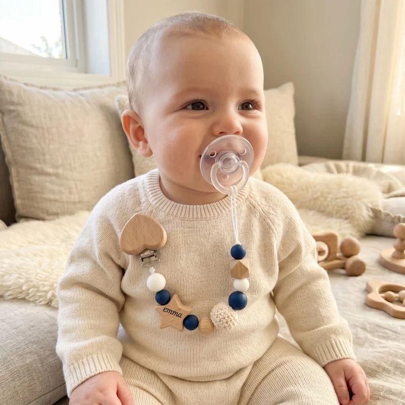 2026 Personalized Pacifier Clip Silicone Beads Beech Wood Teether Holder Custom Name Heart BPA Free Handmade Baby Shower Gift