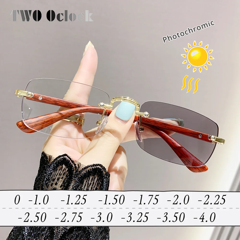 Reading Glasses Photochromic Sunglasses Men Rimless Rectangle Imitation Wood Grain Shades Luxury Brand Hyperopia Glasses Male