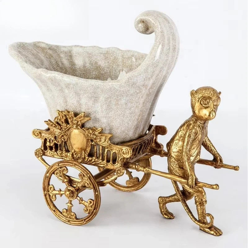 European white crack ceramic monkey cart creative vase home decoration 2