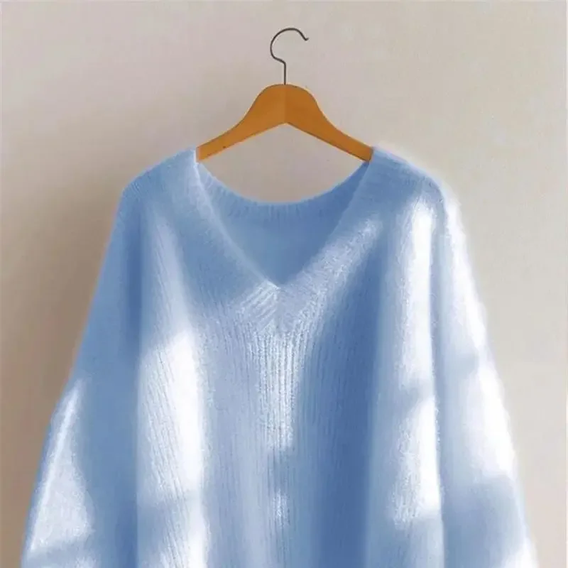 高品質カジュアルニットプルオーバー女性秋冬ルーズ V ネックウールニットセーター女性韓国モヘアニット