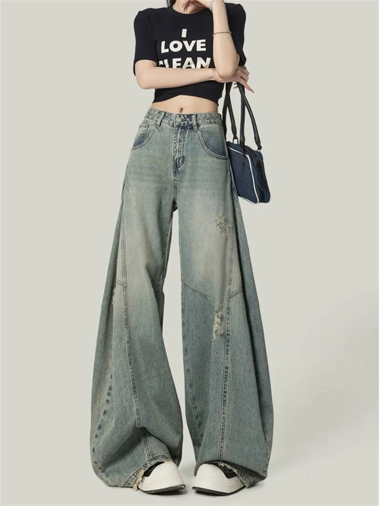 

American High Street Vintage Blue Pear Shape Wide Leg Jeans for Women High Waisted Ripped Loose Curved Hem Pants