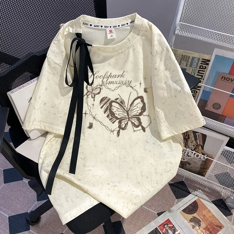 2025 Summer New Versatile Casual Sweet Cute Streamer Bow Hollow Out Tie-dye Printed Short-sleeved Women's T-shirt Top
