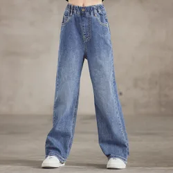 2025 New Solid Brief Teenage Kids Jeans for Girls Cute Solid Color Loose Wide Leg Pants Children Outwear Denim Blue Trousers