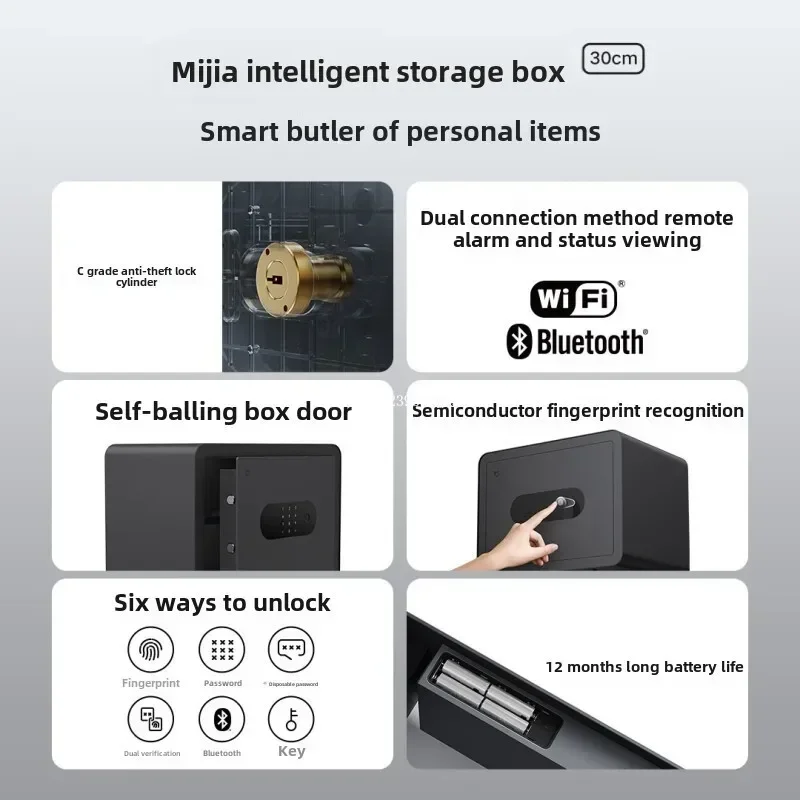 Xiaomi mijia cofre inteligente 30cm senha de impressão digital 6 métodos de desbloqueio escritório casa segurança cofre
