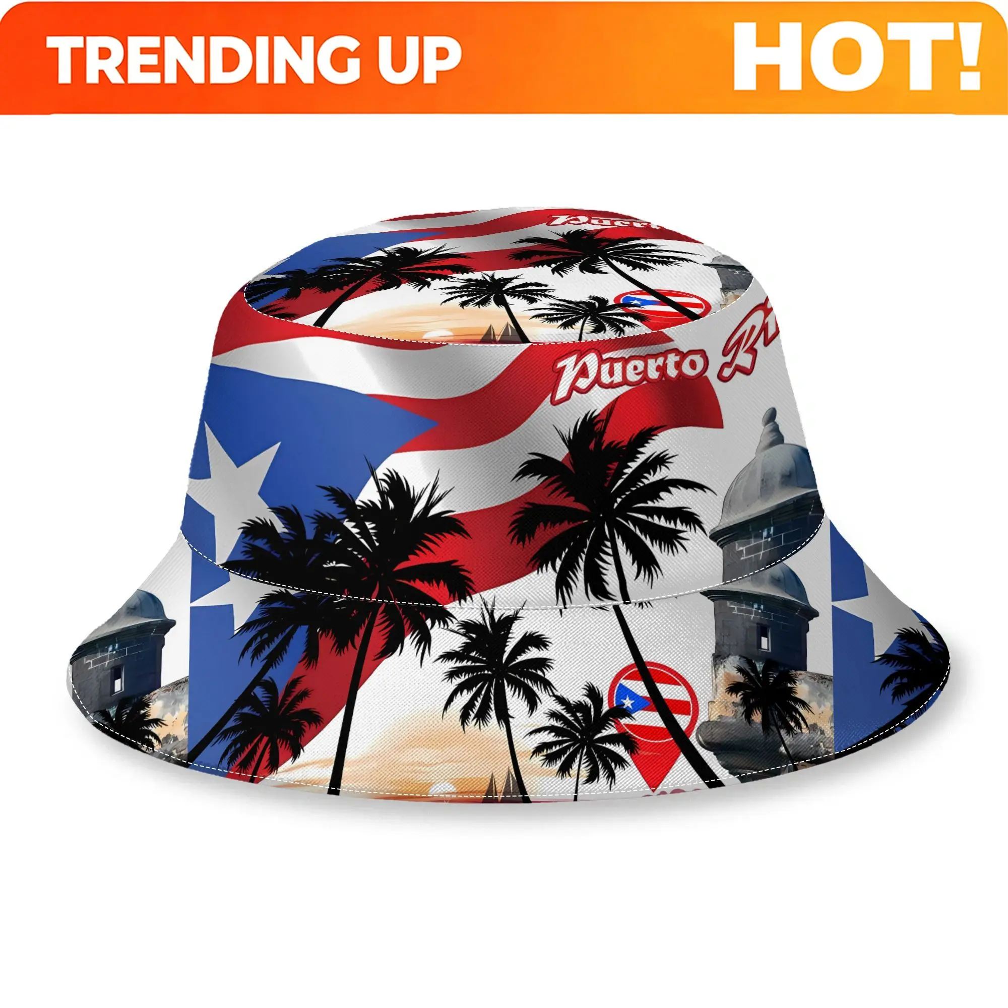 Custom 2D Print Design Puerto Rico Fashion Outdoor Bucket Hat Unisex Outdoor Street Hip-hop Beach Cap