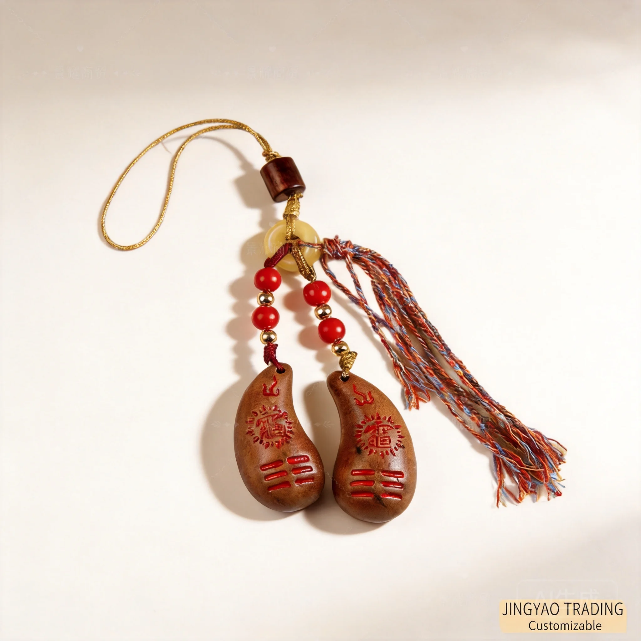 Chinese Traditional Thunder Struck Jujube Wood Yin Yang Holy Cup Pendant Lucky Blessing Fortune Attracting Car Bag Hanger Keycha
