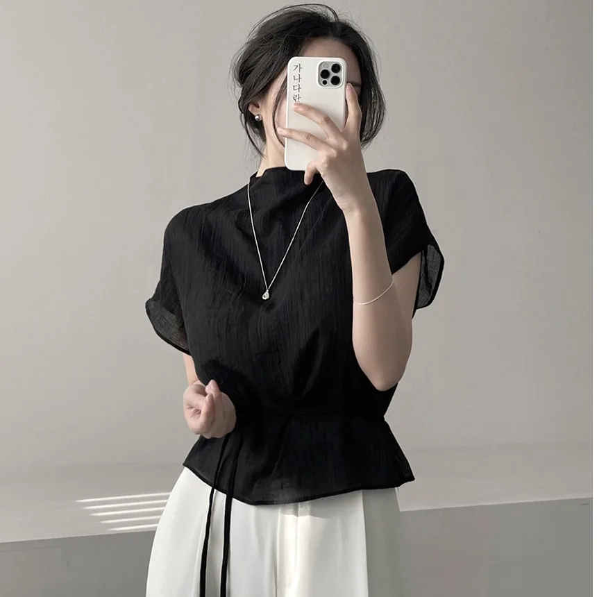 French Style Versatile Half High Collar Pleated Belted Sexy Semi-Transparent Top Women's Summer Shirt Short Sleeve Casual Wear