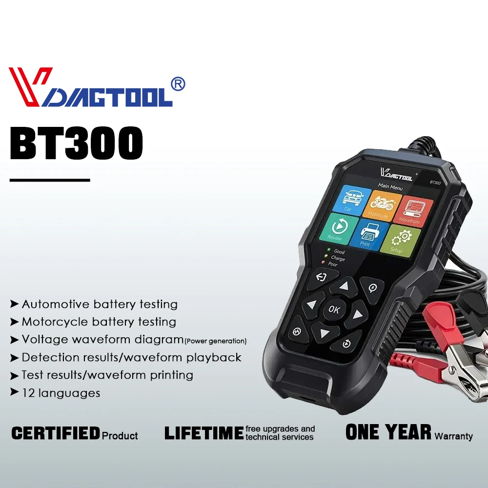 VDIAGTOOL BT300 6V/12V Car Battery Tester Cranking/Charging Test Battery Motorcycle Battery Tool Lifetime Free Update