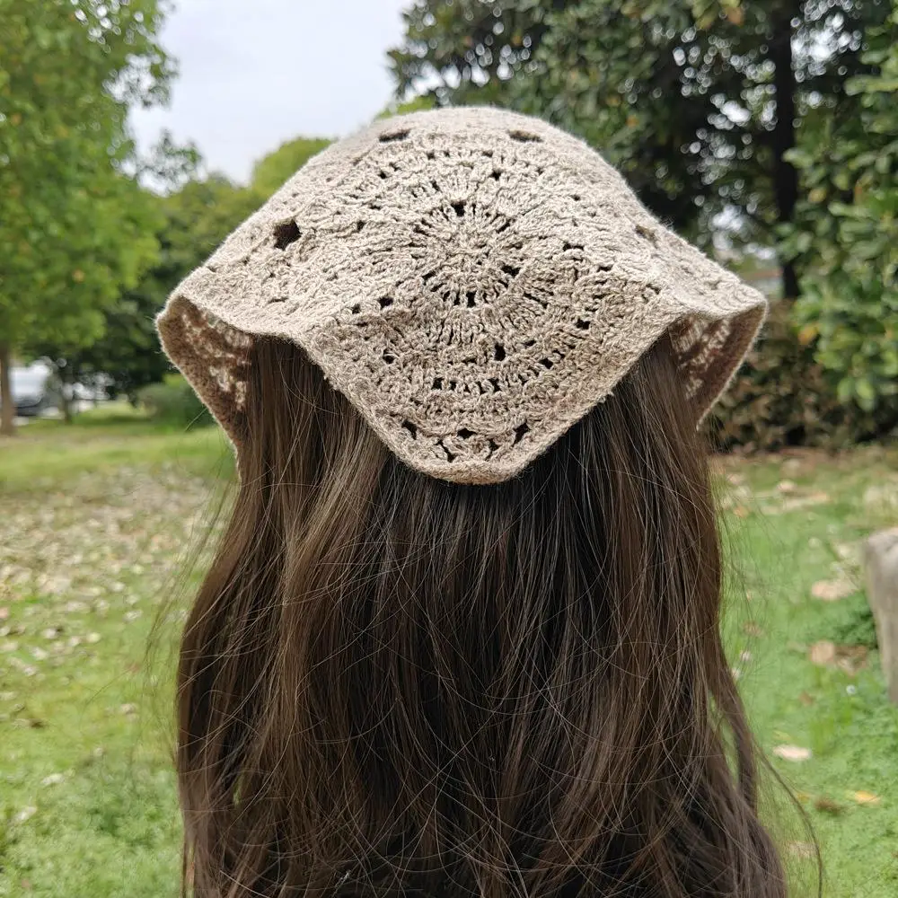 Sweet Handmade Crochet Hollow Triangle Headband French Pastoral Style Knitted Headscarf Summer Travel Literary Photo Hair Scarf