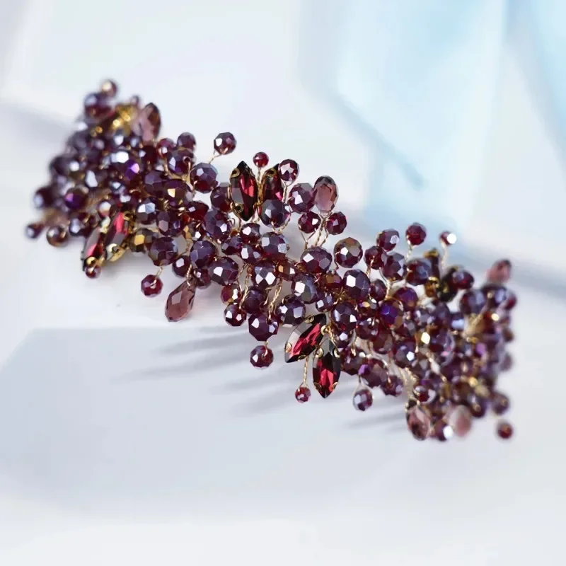 Handmade Wedding Bride Luxury Wine Red Rhinestones Tiaras and Crowns Bridal Headband Costume Hair Accessories for Women