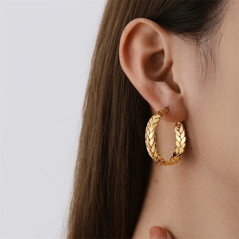 316L Stainless Steel New Fashion Fine Jewelry Diameter 3cm Round Circle Weaving Interweaving Wheat Shape Hoop Earrings For Women