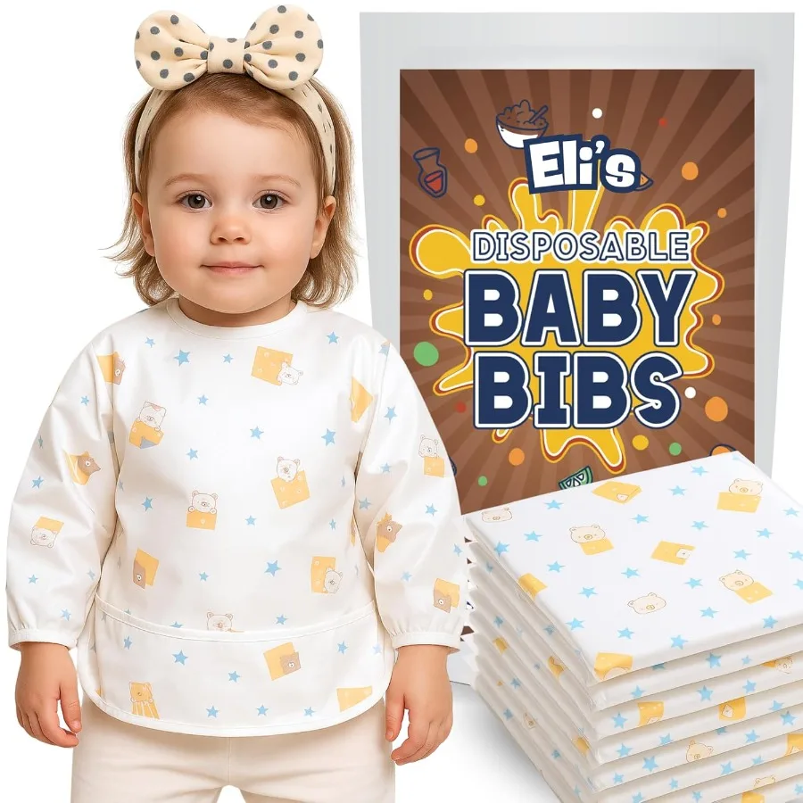 

Одноразовые нагрудники Eli with Love, индивидуально упакованные нагрудники с длинными рукавами и устройством для ловли крошек, водонепроницаемые детские нагрудники для кормления, идеально подходят для