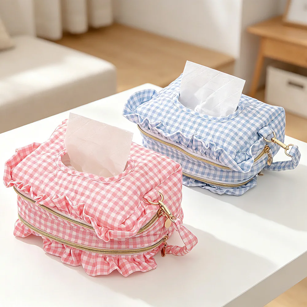 Ruffle Plaid Tissue Storage Bag Double‑Layer Portable Baby Maternity Travel Organizer Large Capacity Multi‑Purpose Pouch