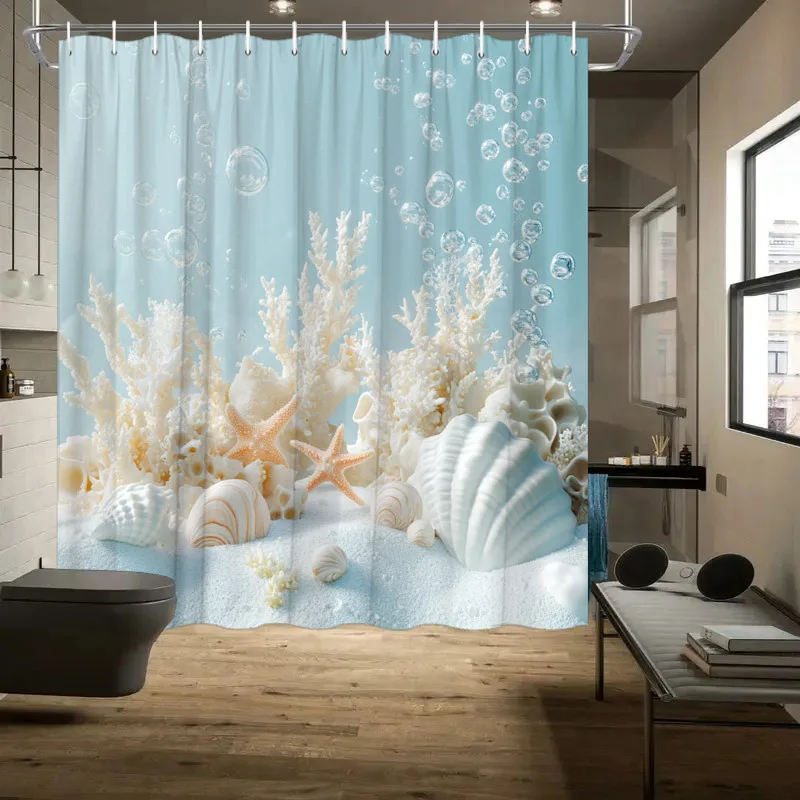 

1 шт., занавеска для душа Serene с подводным кораллом и ракушками — тропическая морская жизнь с мягким синим градиентом, пузырьковое движение,