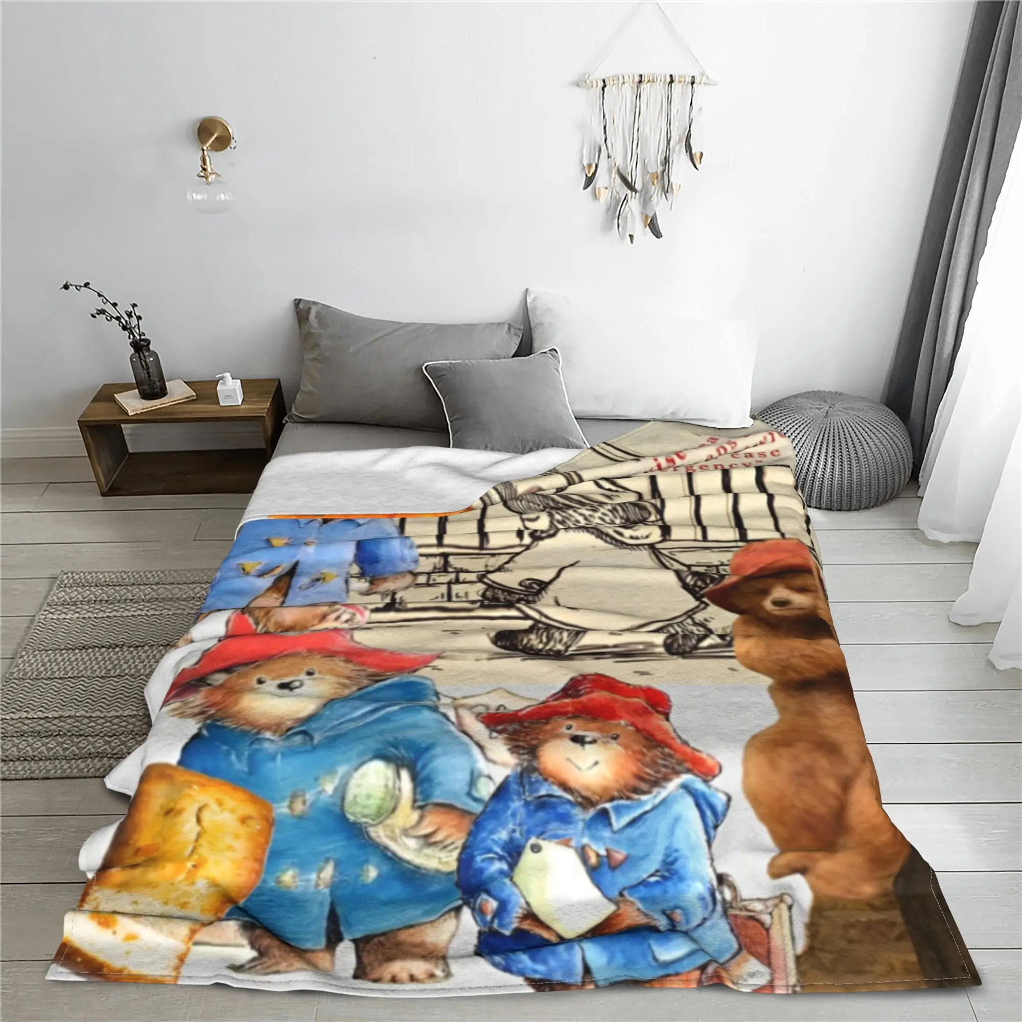 Britain Paddington Brown Bear Blankets Flannel Cute Movie Cartoon Multi-function Soft Throw Blanket Outdoor Bed Plush Quilt