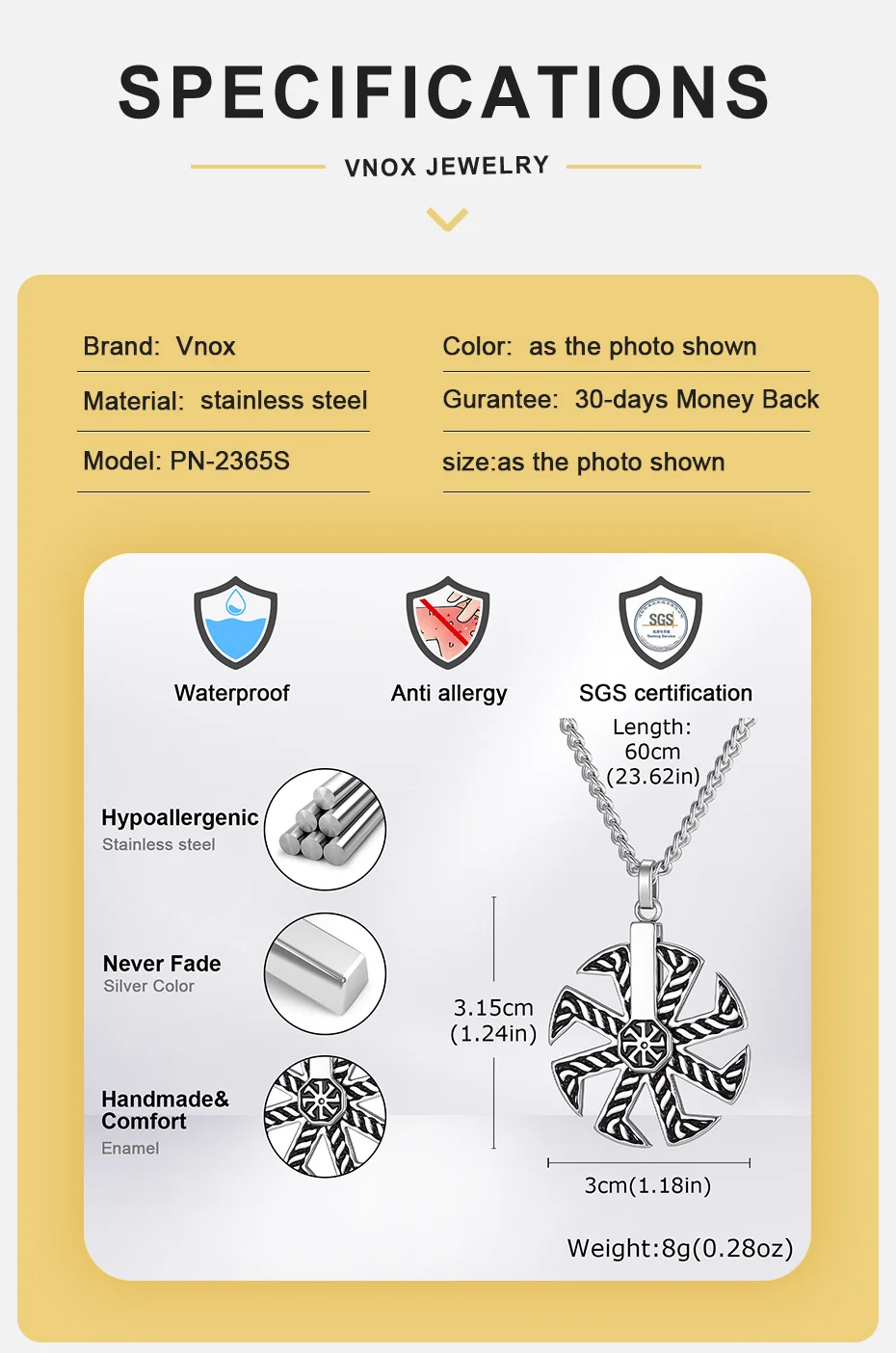 Vnox Drehbarer Kolovrat-Anhänger Halskette für Männer, Edelstahl Vintage Slawisches Symbol Amulett 60cm Gliederkette Punk Schmuck Geschenk – Detail 4