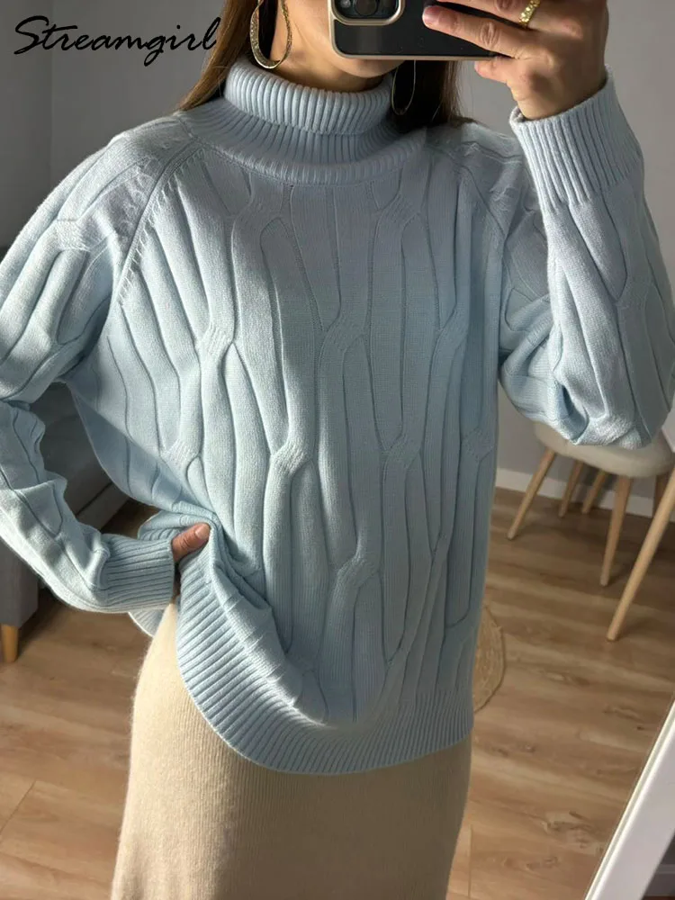 Winter Light Blue Sweaters For Women Turtleneck Pullovers Loose Knitted Jumers Thicnk Warm Women\'s Oversized Sweaters Camel Top