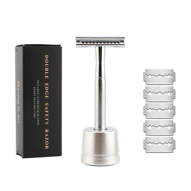 Men's Razor Metal Double Edge Safety Handle  Razor With 5 Blades, Reusable Manual Shaving Razor For Men Eco Friendly Zero Waster